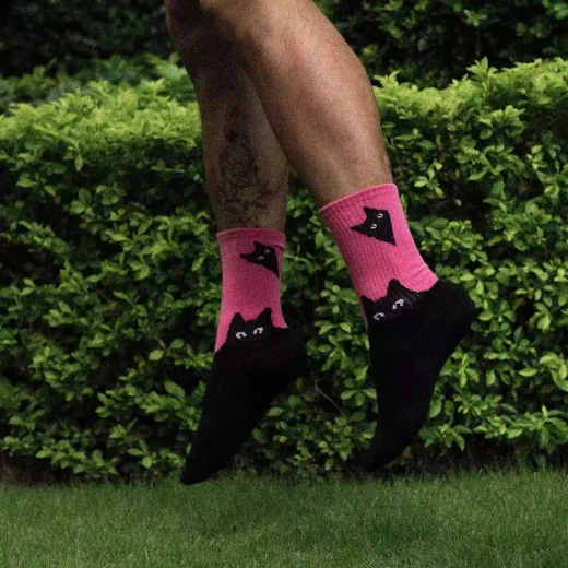 Black Cats Crew Socks-Pink